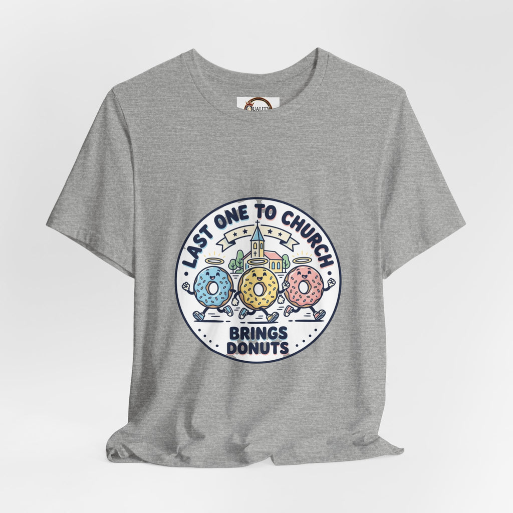 Last One to Church Brings Donuts Tee | Christian Memes, Retro Church Camp