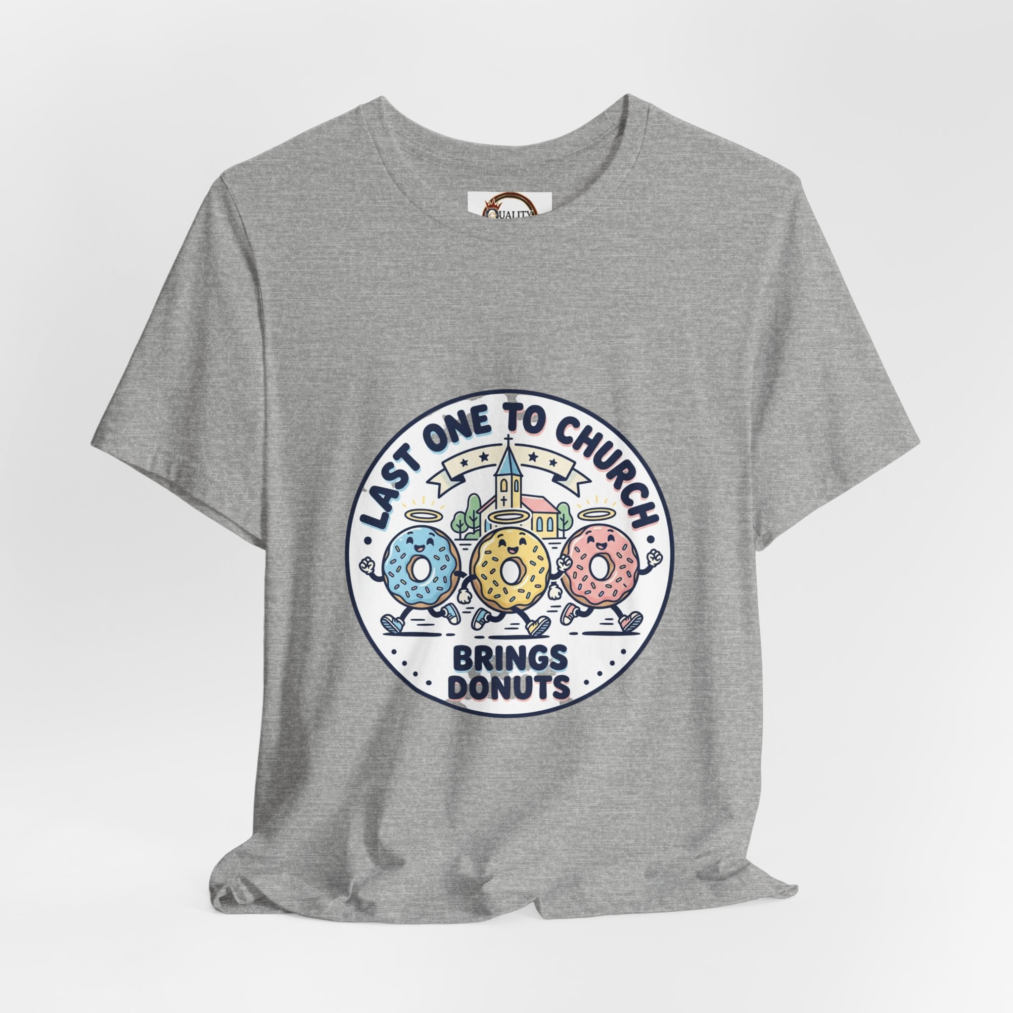 Last One to Church Brings Donuts Tee | Christian Memes, Retro Church Camp