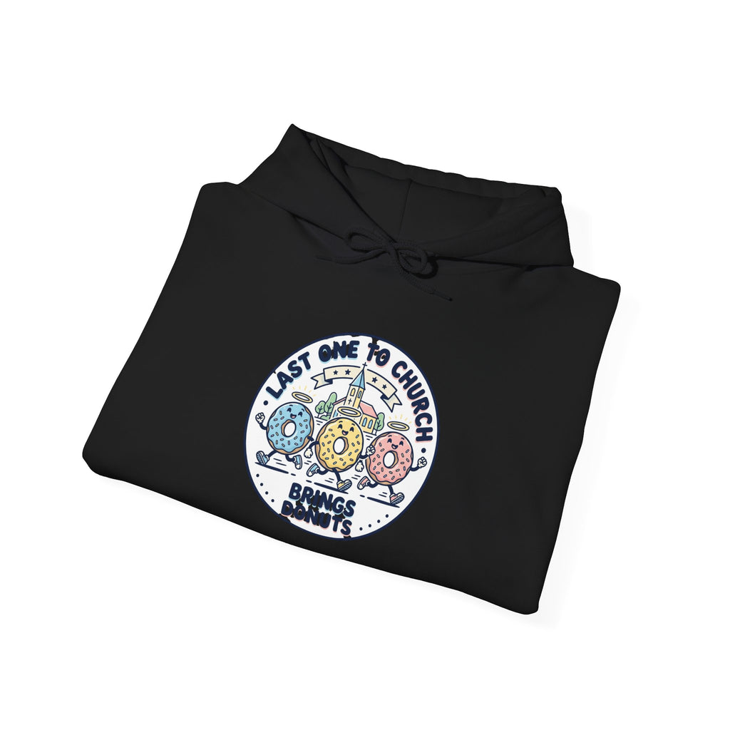 Last One to Church Eats Donuts Hoodie | Christian memes, retro church tee