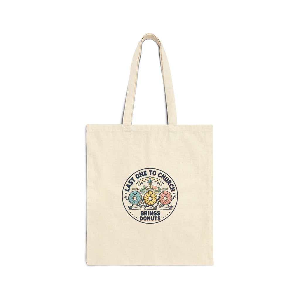 Last One to Church Donuts Tote, Christian Memes | Church Camp Retro Faith Humor