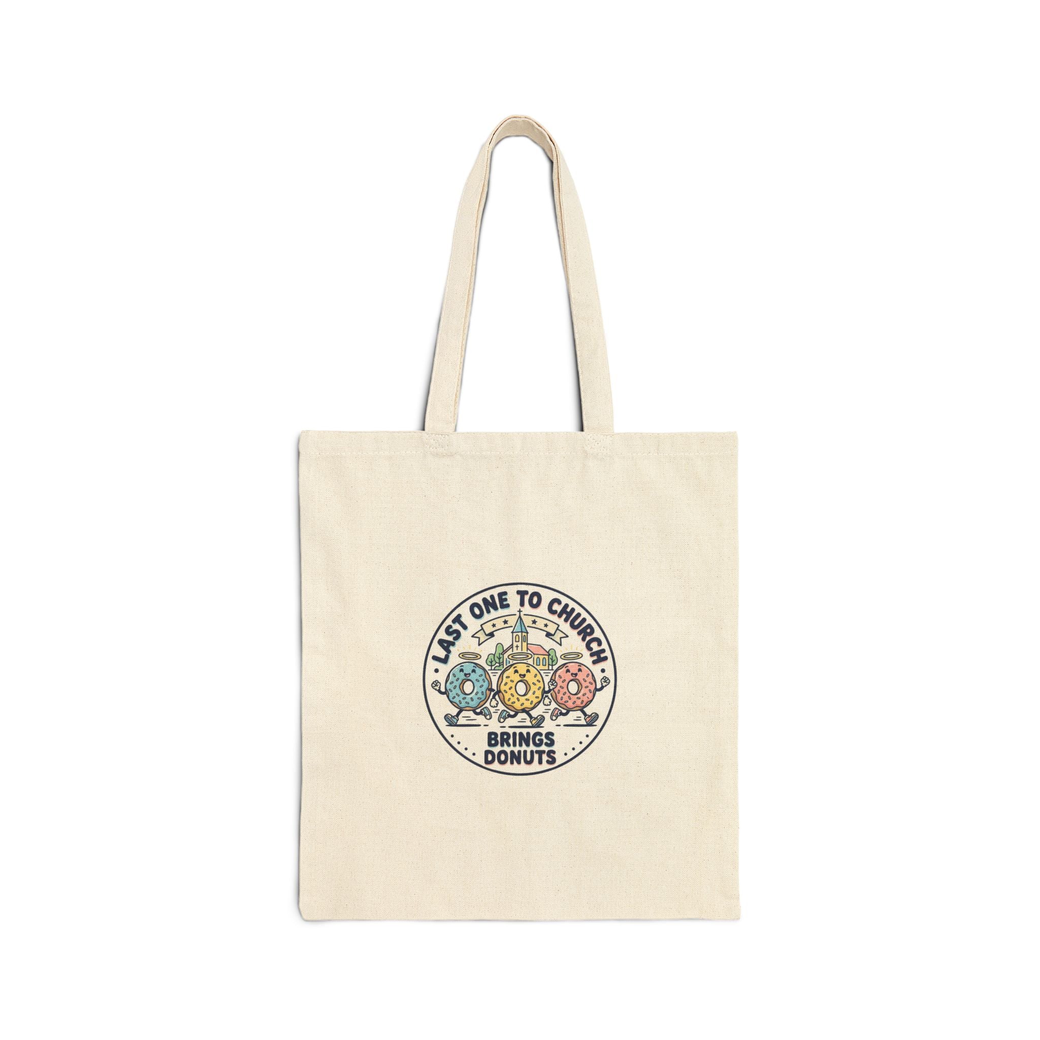 Last One to Church Donuts Tote, Christian Memes | Church Camp Retro Faith Humor