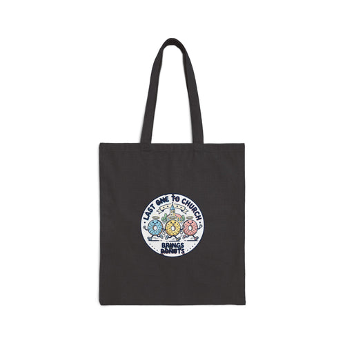 Last One to Church Donuts Tote, Christian Memes | Church Camp Retro Faith Humor