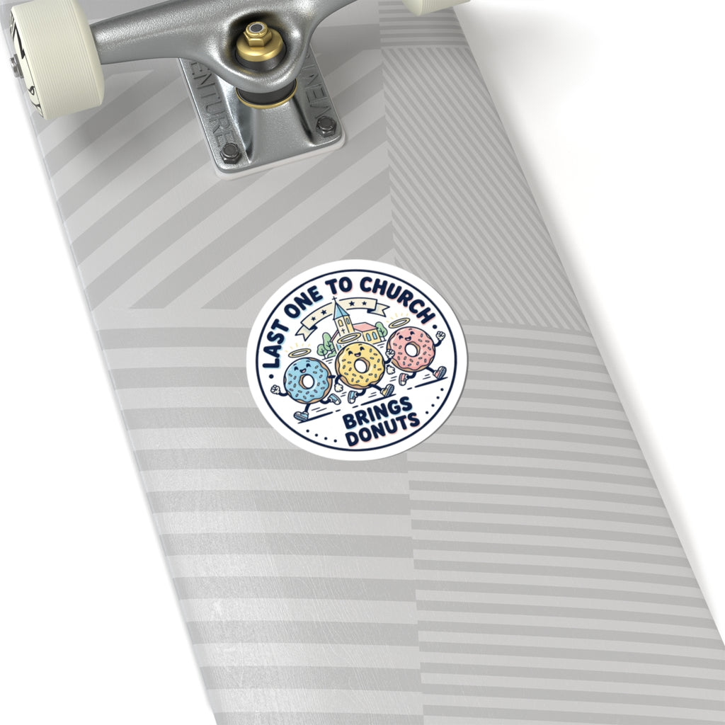 Last One to Church Brings Donuts Sticker | Christian memes, church camp vibe