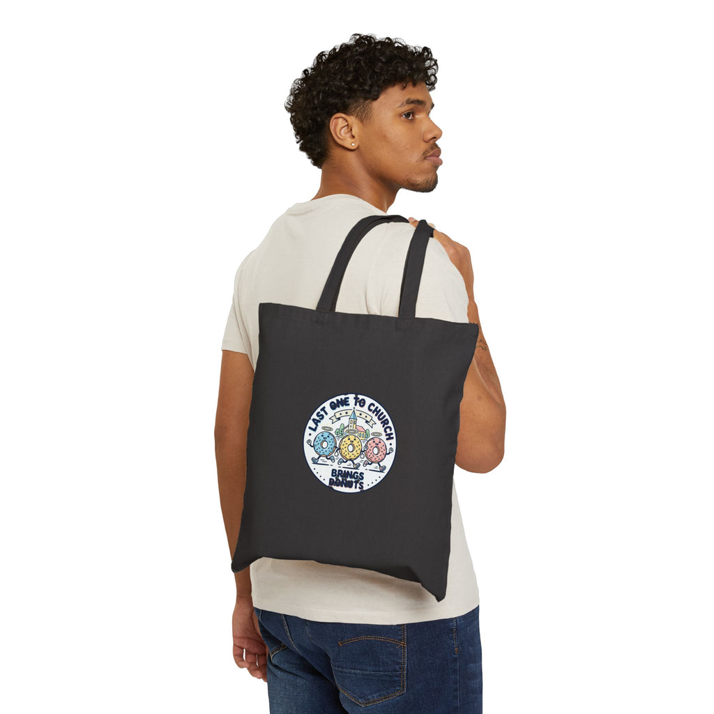 Last One to Church Donuts Tote, Christian Memes | Church Camp Retro Faith Humor