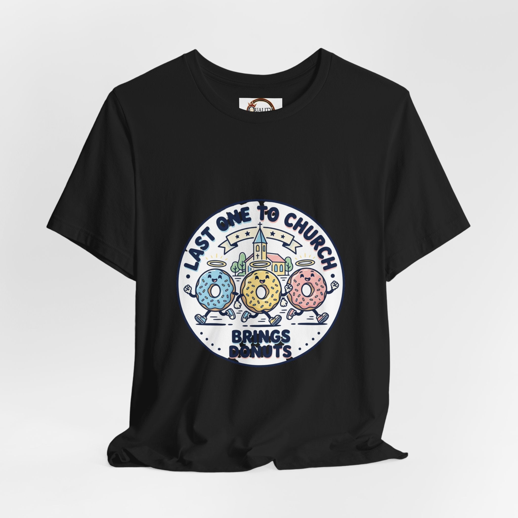 Last One to Church Brings Donuts Tee | Christian Memes, Retro Church Camp