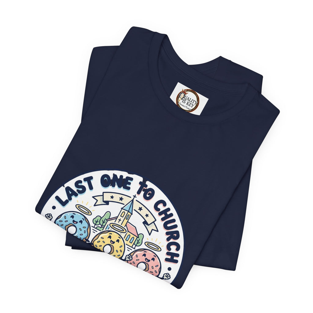 Last One to Church Brings Donuts Tee | Christian Memes, Retro Church Camp