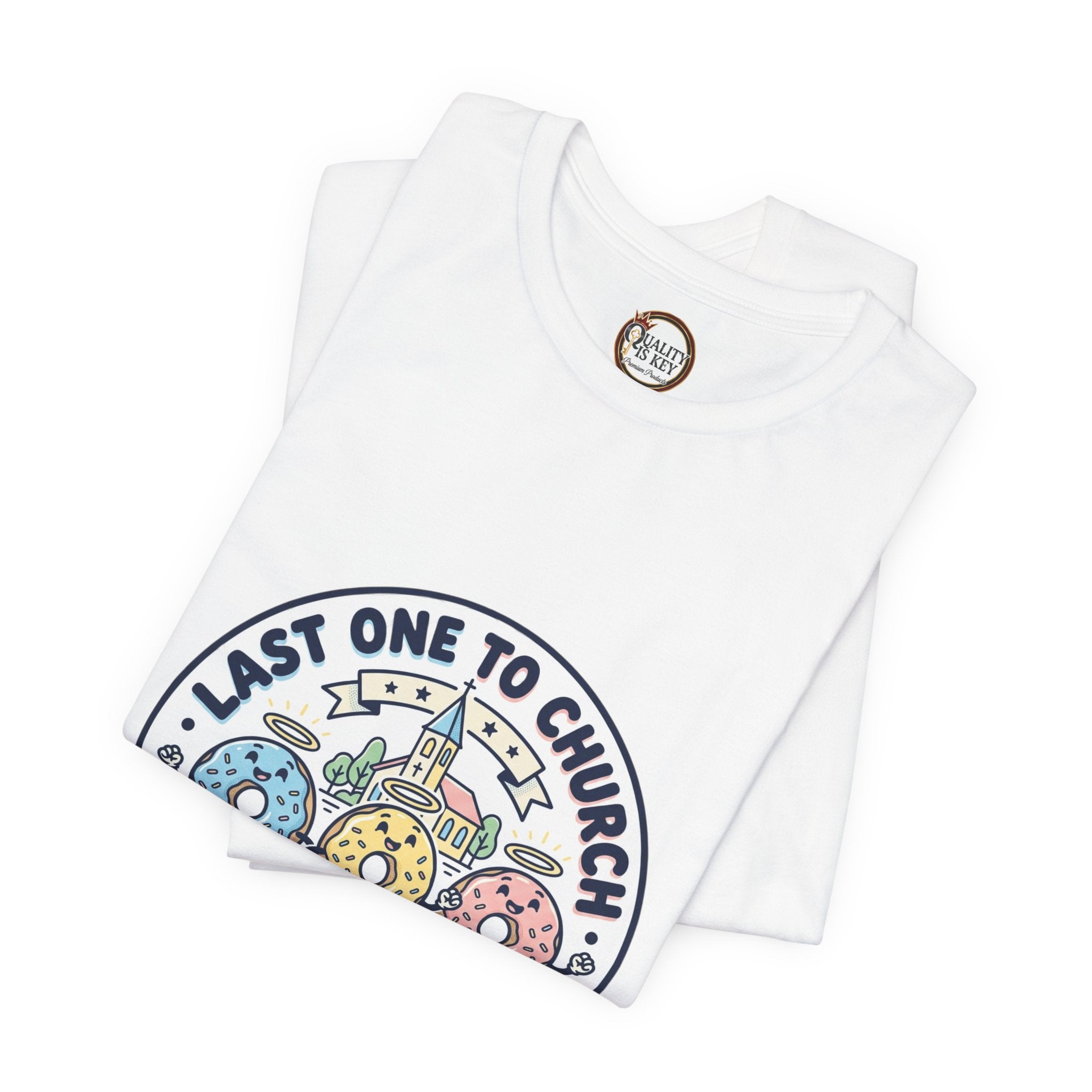 Last One to Church Brings Donuts Tee | Christian Memes, Retro Church Camp