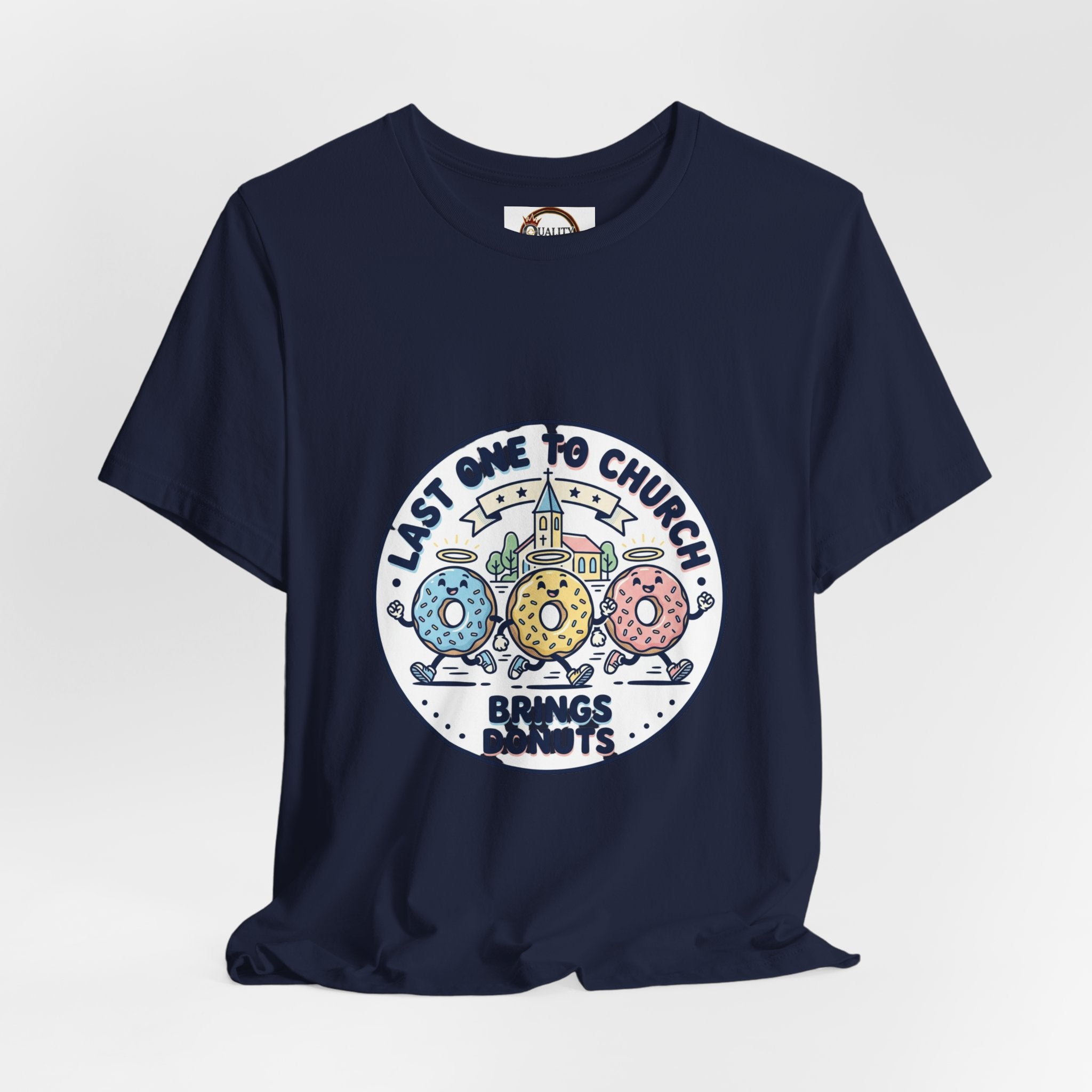 Last One to Church Brings Donuts Tee | Christian Memes, Retro Church Camp