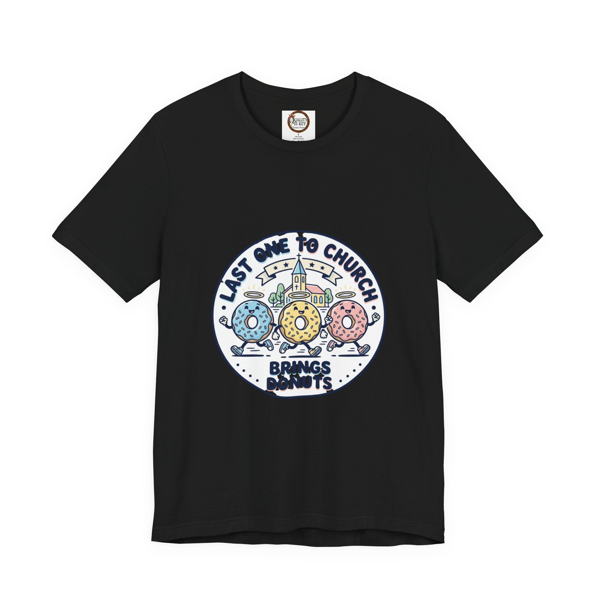 Last One to Church Brings Donuts Tee | Christian Memes, Retro Church Camp