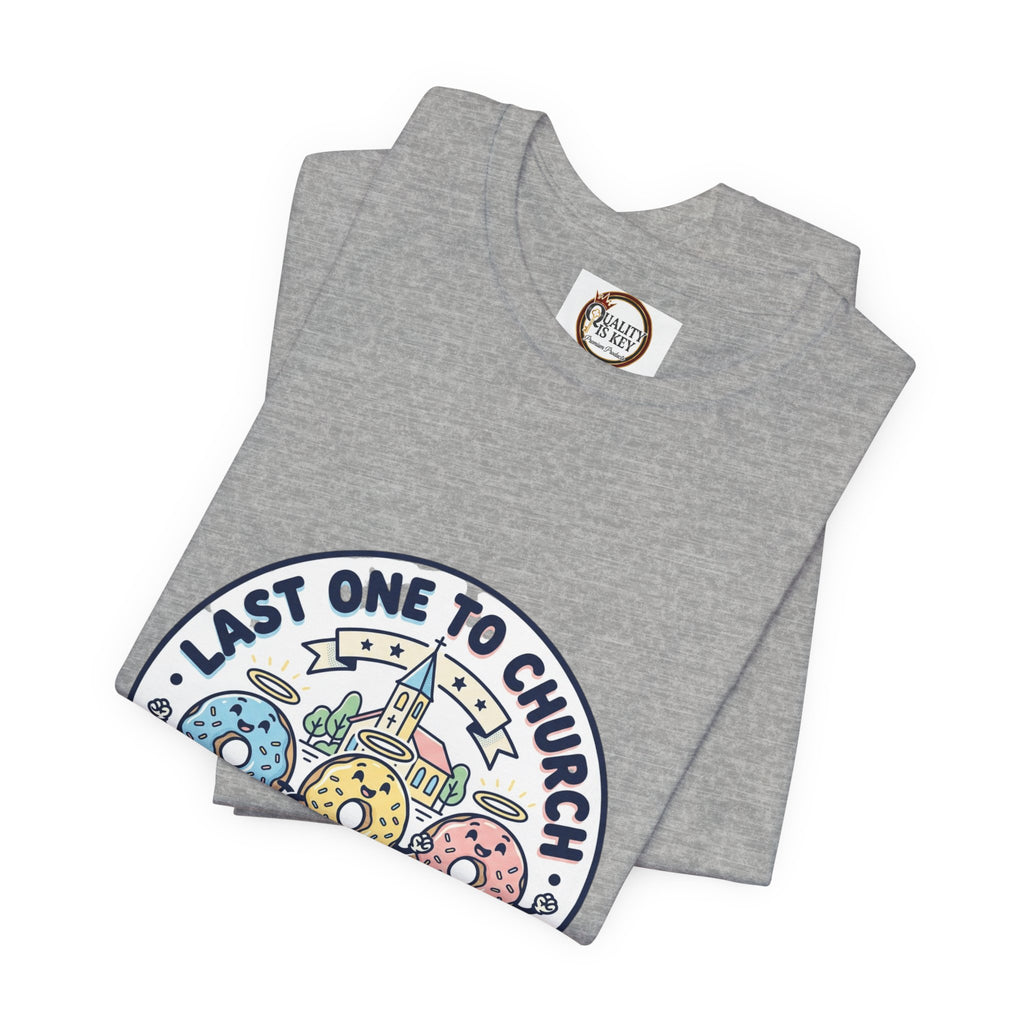 Last One to Church Brings Donuts Tee | Christian Memes, Retro Church Camp