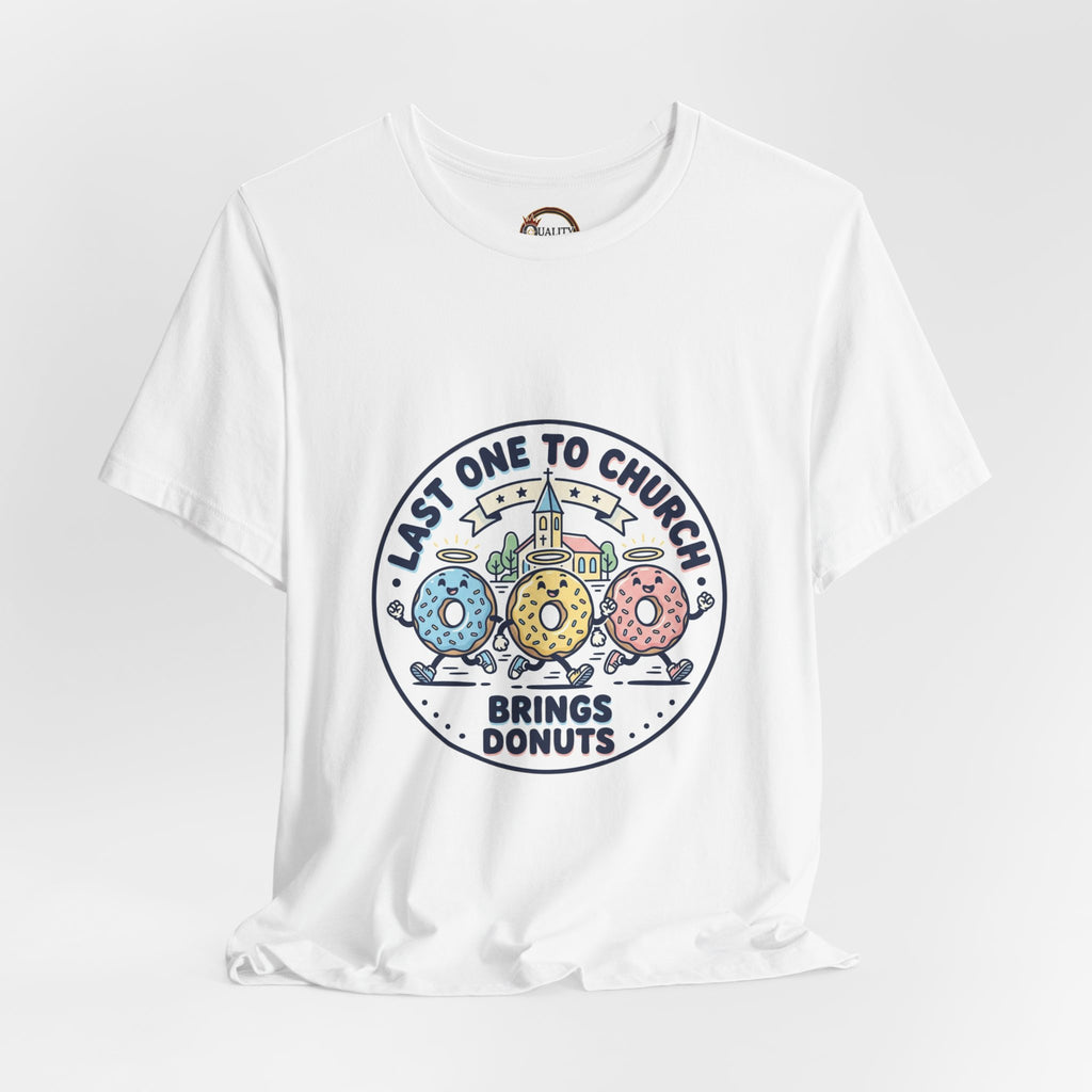 Last One to Church Brings Donuts Tee | Christian Memes, Retro Church Camp