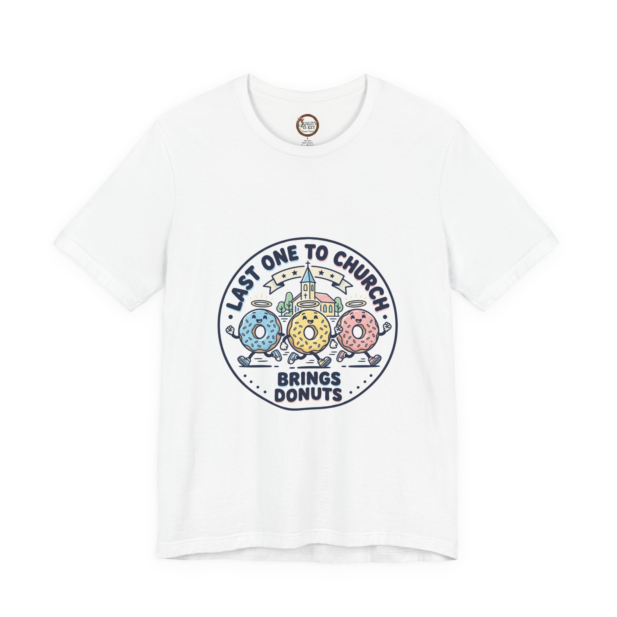 Last One to Church Brings Donuts Tee | Christian Memes, Retro Church Camp