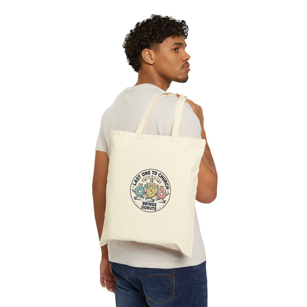 Last One to Church Donuts Tote, Christian Memes | Church Camp Retro Faith Humor