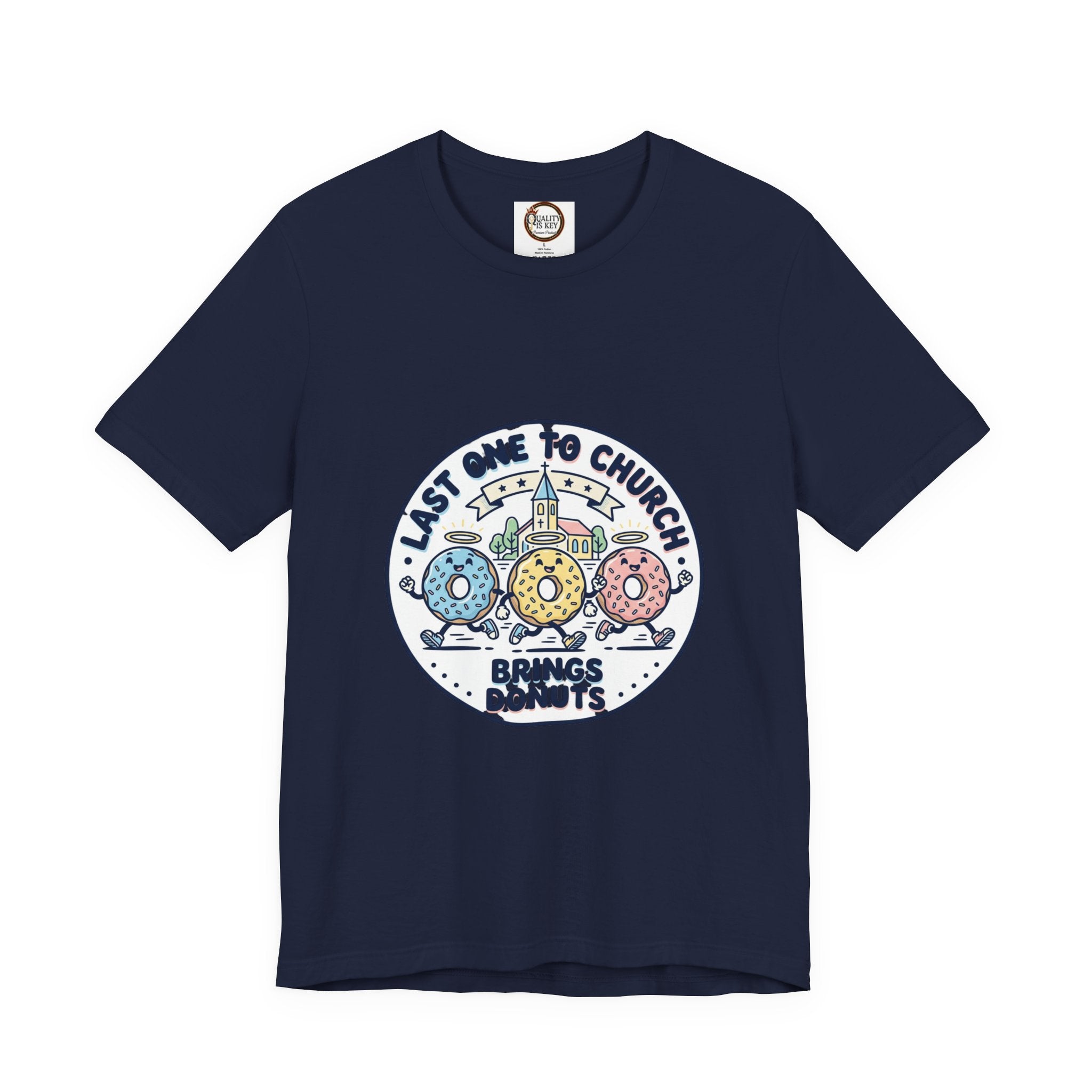 Last One to Church Brings Donuts Tee | Christian Memes, Retro Church Camp