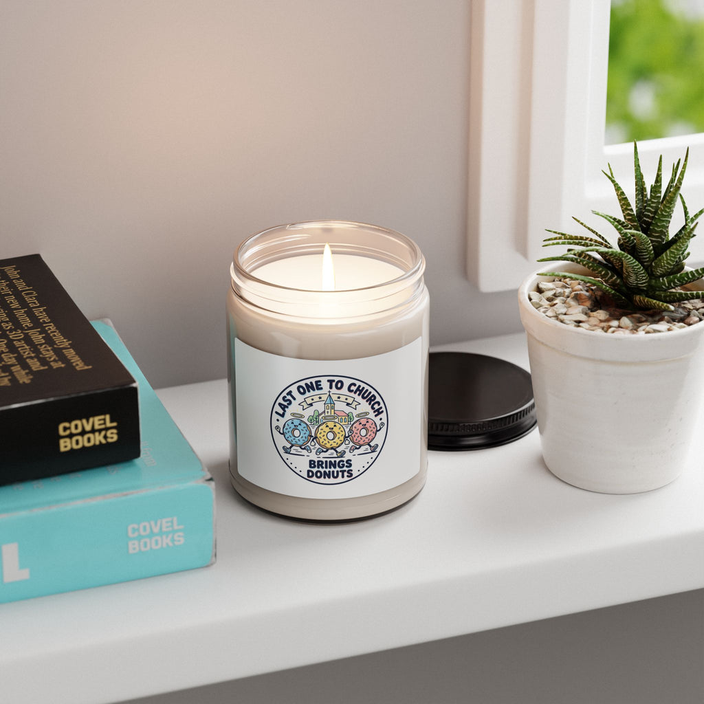 Last One to Church Brings Donuts Candle, Christian Memes, Church Camp Soy