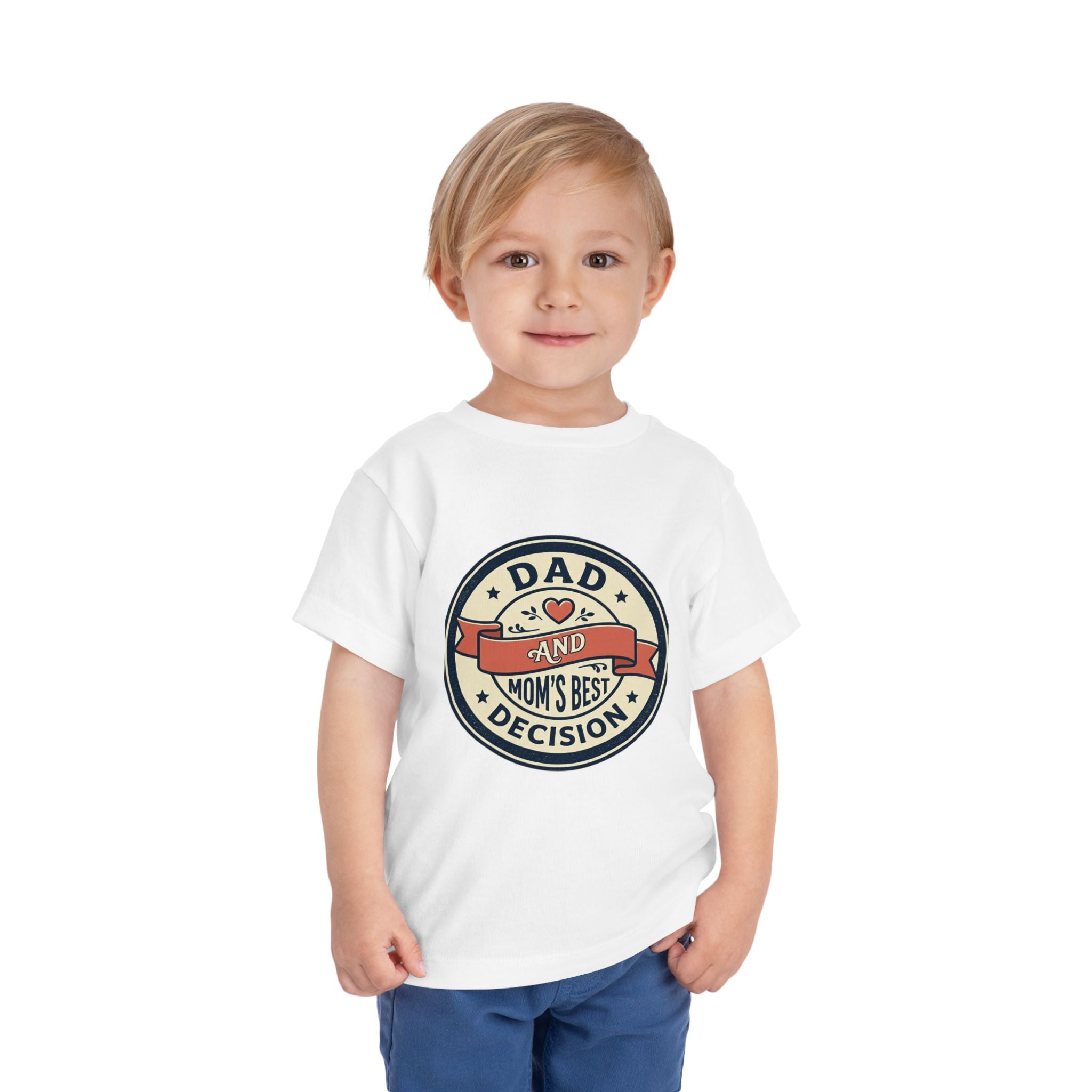 Toddler Tee – “Dad and Mom’s Best Decision” Cute Retro Badge Baby Shirt for New Parents & Father’s Day