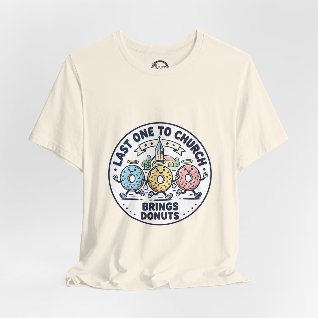 Last One to Church Brings Donuts Tee | Christian Memes, Retro Church Camp